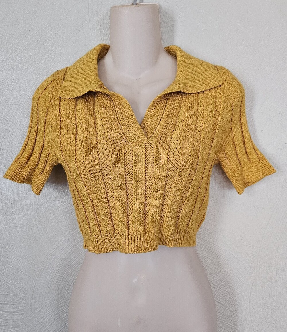 Hesperus Cropped Mustard Yellow Knit Polo Top Size Womens Large